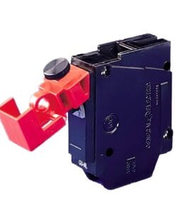 Przełącznik elektryczny z czerwoną dźwignią, służący do bezpieczeństwa pracy w systemach elektrycznych. Umożliwia szybkie wyłączenie zasilania w sytuacjach awaryjnych, co jest kluczowe dla ochrony środowiska i zapewnienia bezpiecznego użytkowania urządzeń elektrycznych.