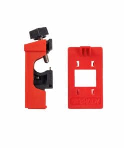 Zestaw narzędzi do oznaczania, składający się z czerwonego uchwytu i elementu wkładanego, idealny do zastosowań w bezpieczeństwie pracy i ochronie środowiska. Umożliwia łatwe mocowanie etykiet i znaków ostrzegawczych.