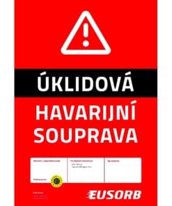 Plakat informacyjny dotyczący zestawu awaryjnego do sprzątania, zawierający ostrzeżenie oraz dane kontaktowe. Czerwone tło symbolizuje sytuacje kryzysowe. W kontekście bezpieczeństwa pracy i efektywnej ochrony środowiska, plakat zwraca uwagę na środki awaryjne.