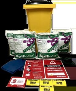 Zestaw do usuwania substancji niebezpiecznych zawierający żółty pojemnik, granulaty absorbentów Spillkleen, niebieskie worki oraz instrukcje i oznaczenia dotyczące bezpieczeństwa. Idealny dla bezpieczeństwa pracy i ochrony środowiska.
