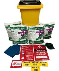 Zestaw do usuwania rozlanych substancji zawierający pojemnik, absorbenty, instrukcje użycia oraz etykiety ostrzegawcze. Idealny do zapewnienia bezpieczeństwa w miejscach pracy z potencjalnymi zagrożeniami ekologicznymi i chemicznymi.