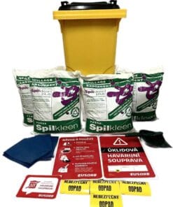 Zestaw awaryjny do zarządzania rozlanymi substancjami, zawierający żółty pojemnik, woreczki absorbujące, ściereczki, instrukcje oraz etykiety. Przeznaczony do ochrony środowiska i bezpieczeństwa pracy w przypadku wycieków. Idealny dla firm dbających o ekologię i przestrzegających norm.