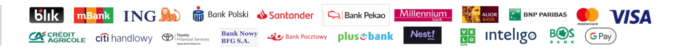 Logotypy różnych instytucji finansowych, w tym banków, systemów płatności i kart kredytowych, symbolizujące różnorodność opcji płatności dostępnych na rynku.
