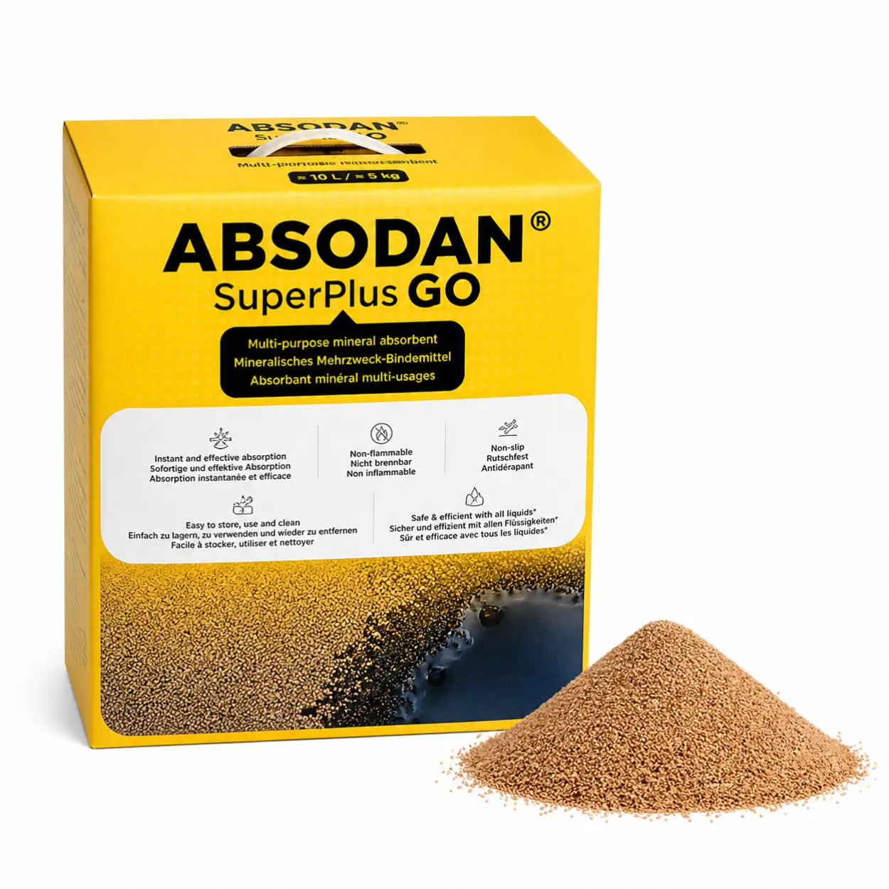 Opakowanie ABSODAN SuperPlus GO, wielozadaniowego mineralnego absorbentu, z opisem właściwości. Obok leży stos absorbentu, idealnego do natychmiastowego wchłaniania cieczy w sytuacjach awaryjnych. Produkt przyjazny dla środowiska, odpowiedni do działania w różnych warunkach.